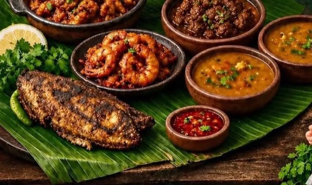 A spread of Tamil home-style dishes on banana leaf